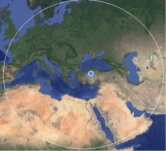 Türkiye merkezli 5 saatlik uçuş etki bölgesi haritası